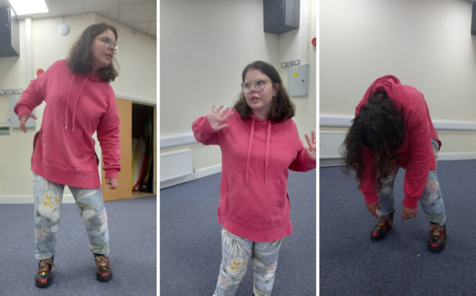 Three pictures of Poppy practicing a dance routine. 