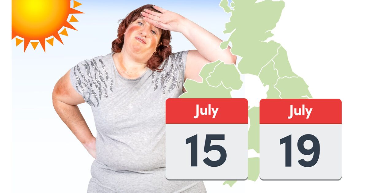 Thumbnail illustration of a woman suffering from heat, in front of a map of the UK and dates of July.