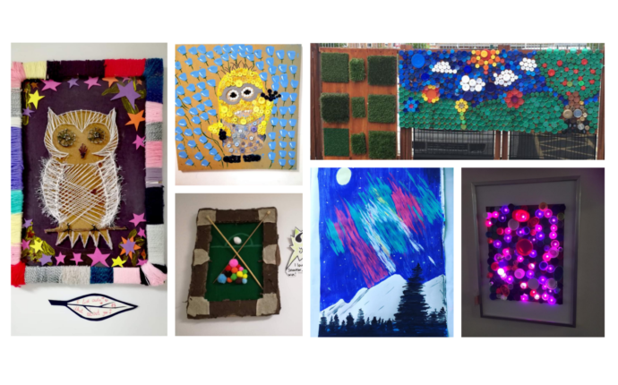 Lots of colourful art and craft projects, made by service users of The Autism Hub in York